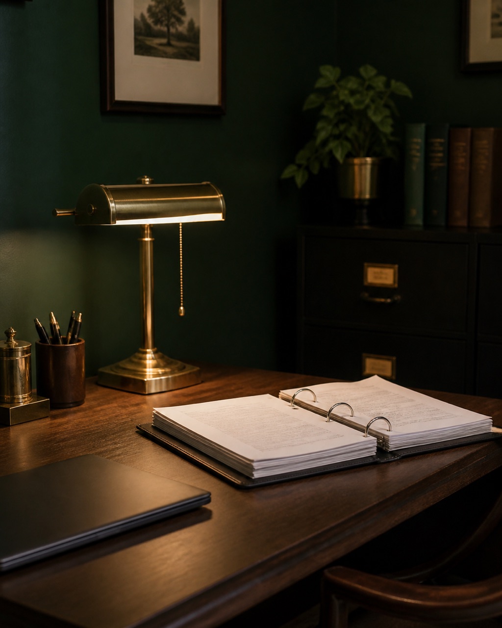 A brass desk lamp lighting an open binder of filed documents on a tidy desk, deep green wall behind.