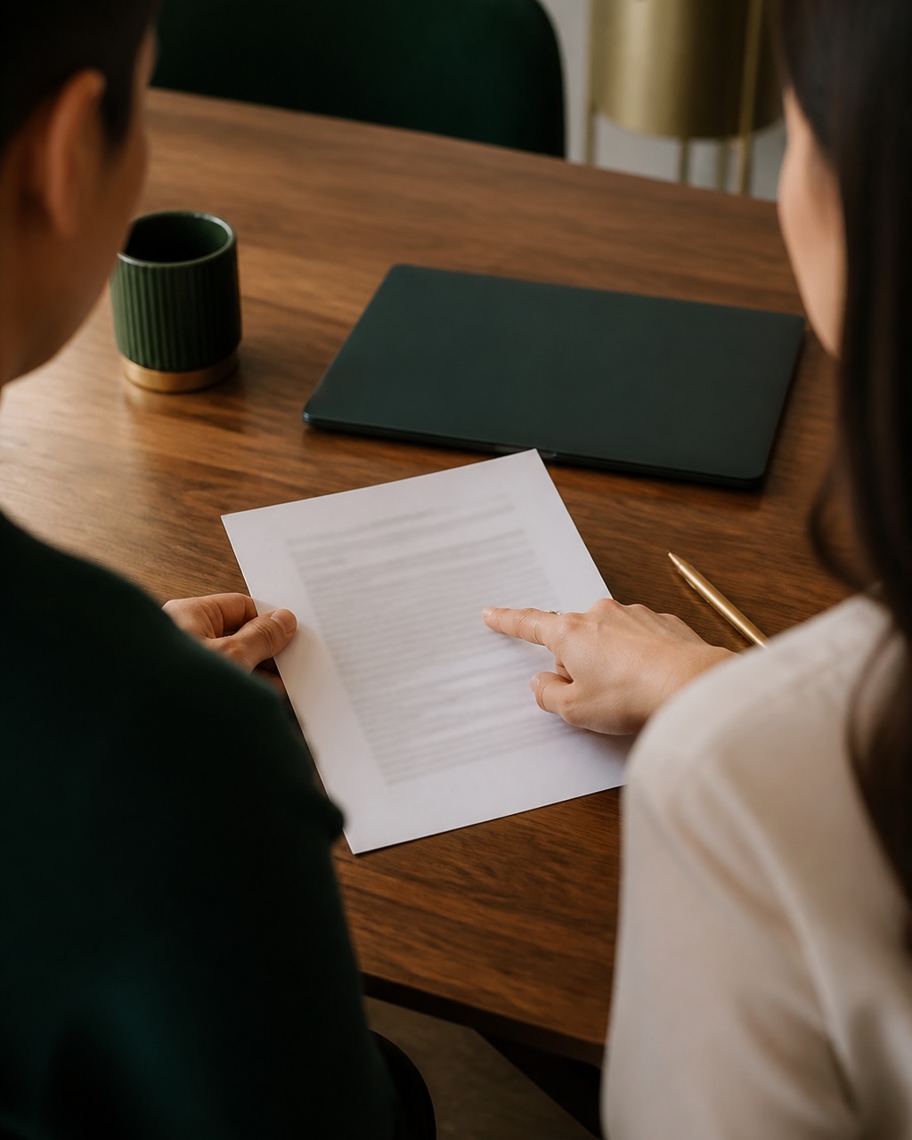 Two people at a wooden table reviewing a printed document together, one pointing at the page.