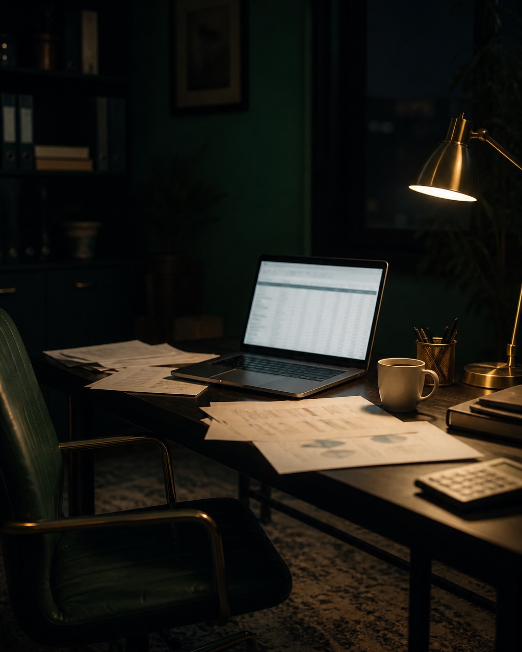 A small-business desk late at night: a lamp, a laptop, and scattered printed pages.