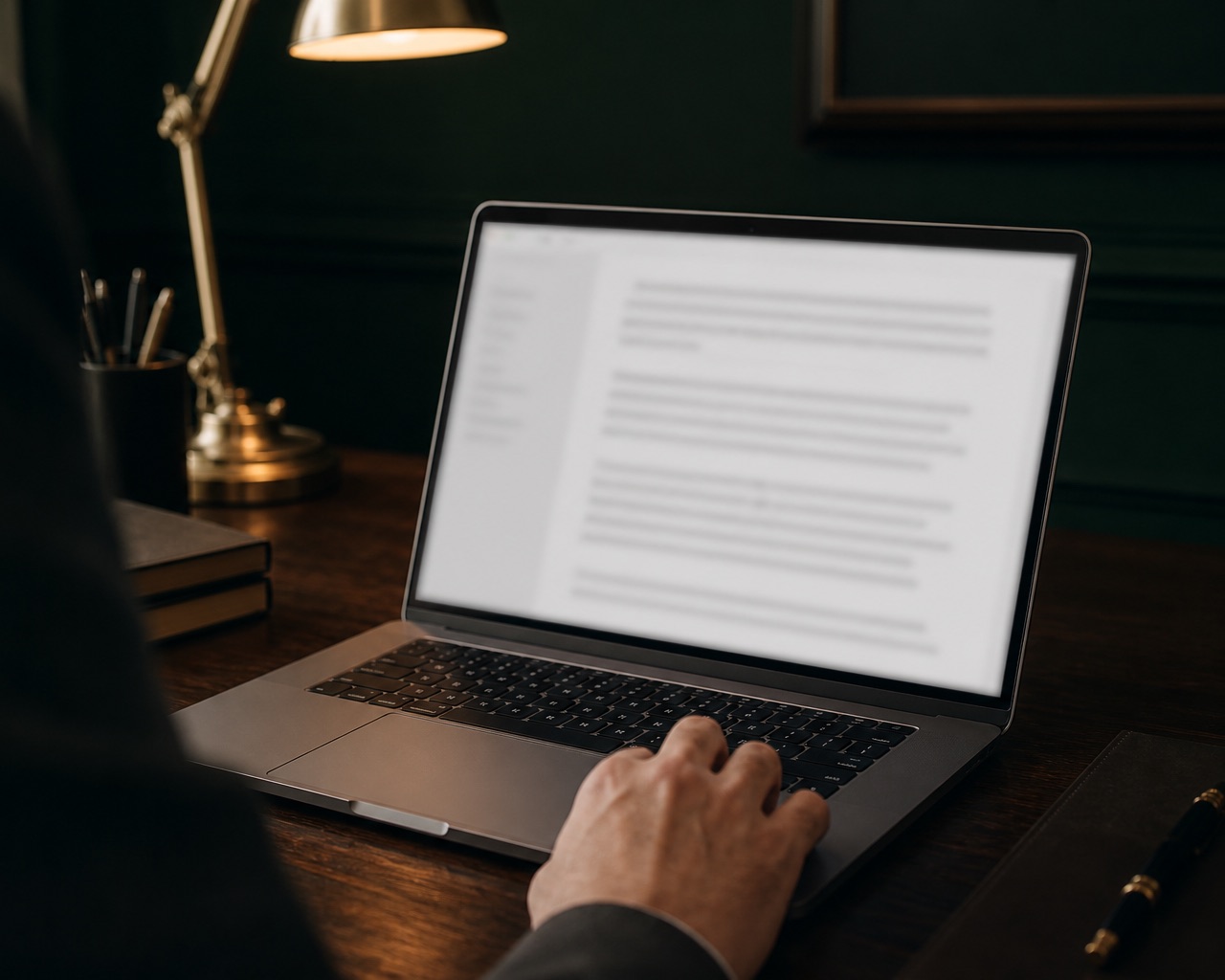 A formal deletion notice drafted on a laptop screen, softly out of focus, in a lamp-lit office.